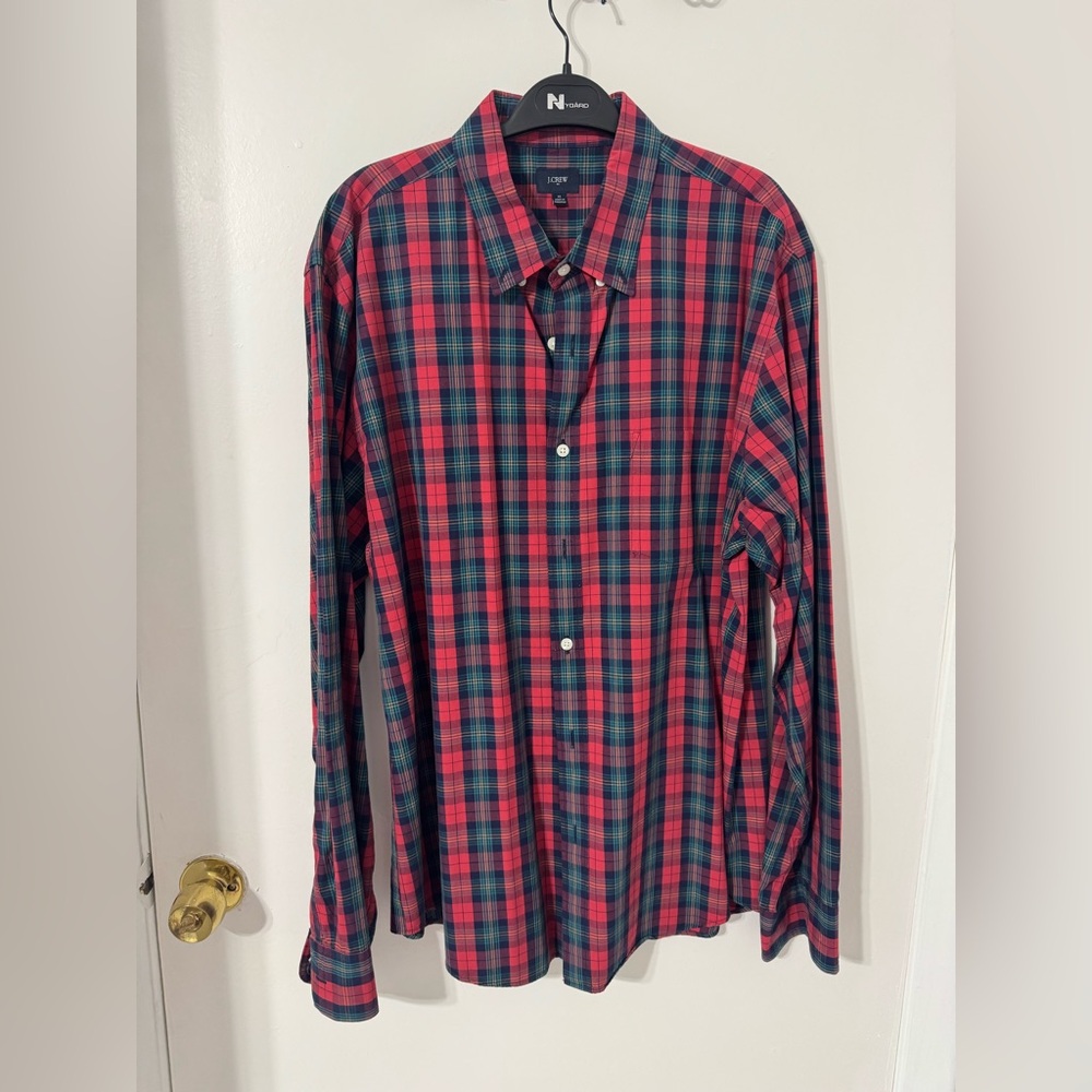 J. Crew Red and Green Casual Button Down Shirt